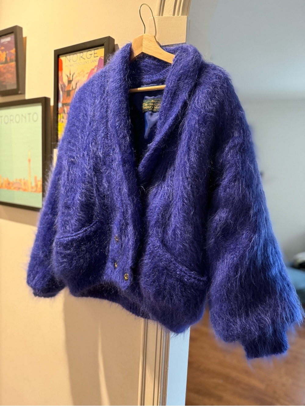 Vintage 1980s Gold Label Collection Indigo Blue Shaggy Mohair Cardigan Jacket UK